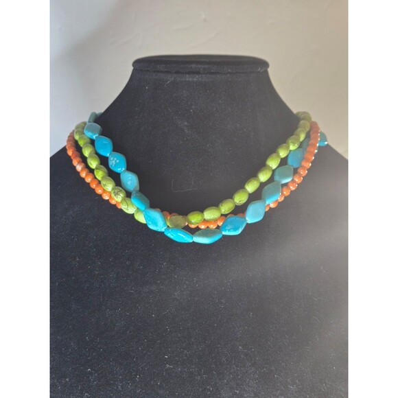 Premier Designs Citrus Triple Strand Blue Green Orange Beaded Toggle Necklace - Picture 2 of 6